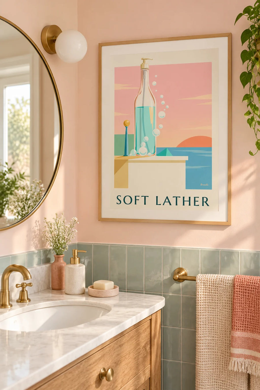Affiche flacon de savon liquide et bulles de salle de bain : encadrée au mur