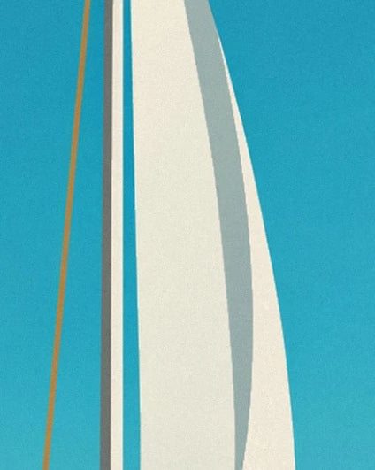 The white sail and its grey shadow beside the mast and an ochre rope