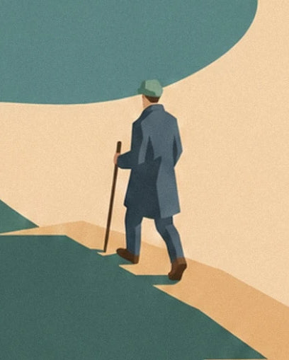 The hiker seen from behind in a blue coat and green cap, holding a walking stick