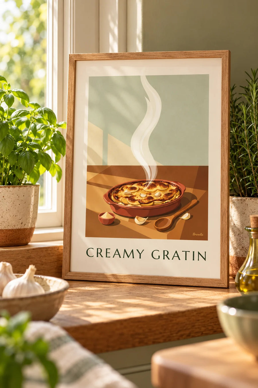 Poster con gratin dauphinois dorato nella sua teglia di terracotta: formato piccolo A4 con cornice