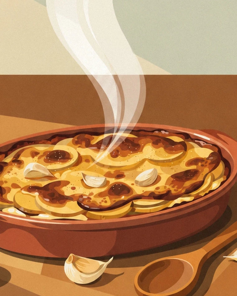 Poster gratin dauphinois dorato nella sua teglia in terracotta: dettaglio in primo piano