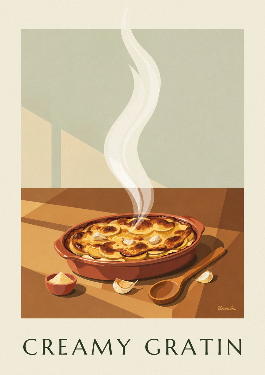 Poster gratin dauphinois dorato nella sua teglia in terracotta