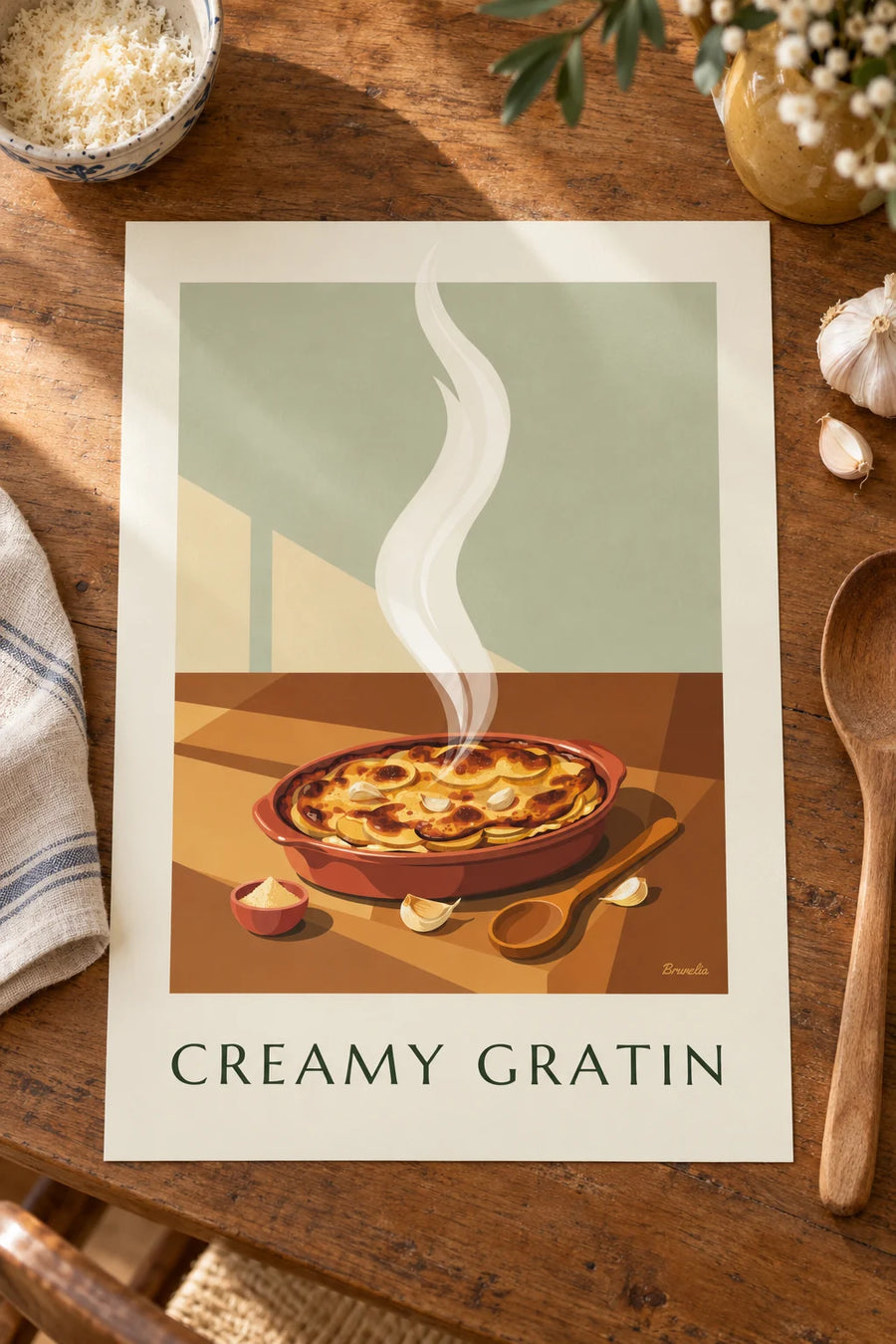 Poster gratin dauphinois dorato nella sua teglia di terracotta: appoggiato su un tavolo