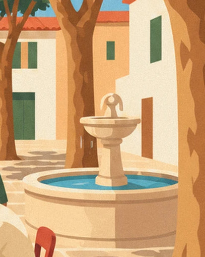 La fontana di pietra con la vasca azzurra tra i platani e le facciate chiare