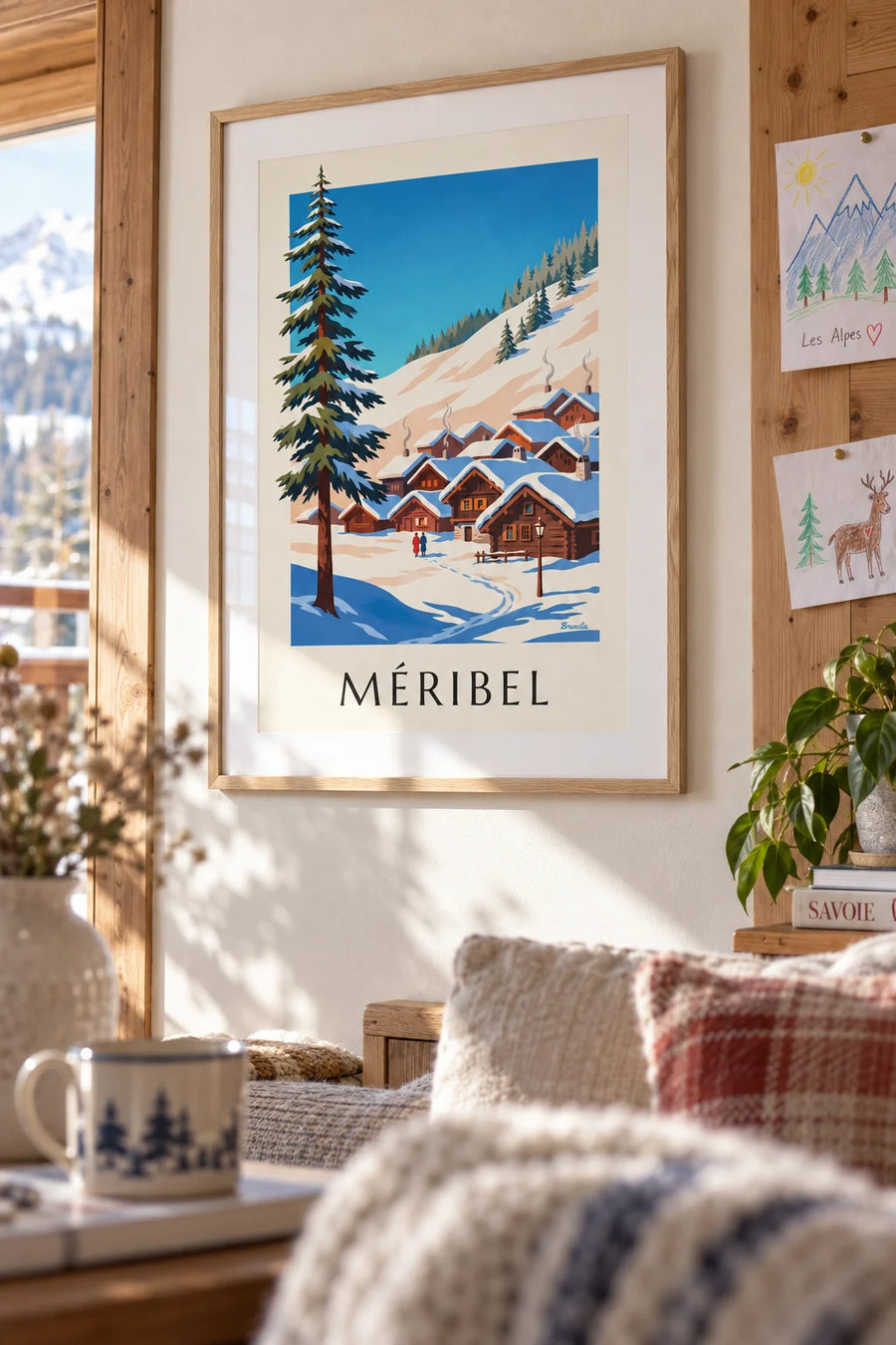 Poster of wooden chalets in Méribel under the snow: framed on the wall