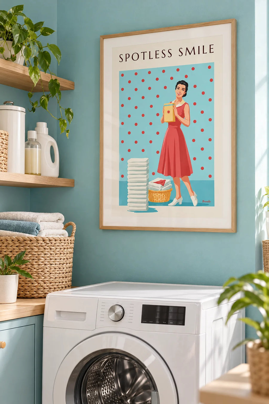 Poster di detersivo per il bucato, donna sorridente e sfondo a pois: incorniciato alla parete
