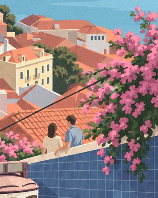 La coppia appoggiata al muro di azulejos, di fronte ai tetti di tegole arancioni e ai fiori rosa