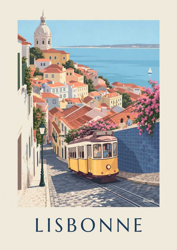 Lisbon yellow tram and Tagus view poster