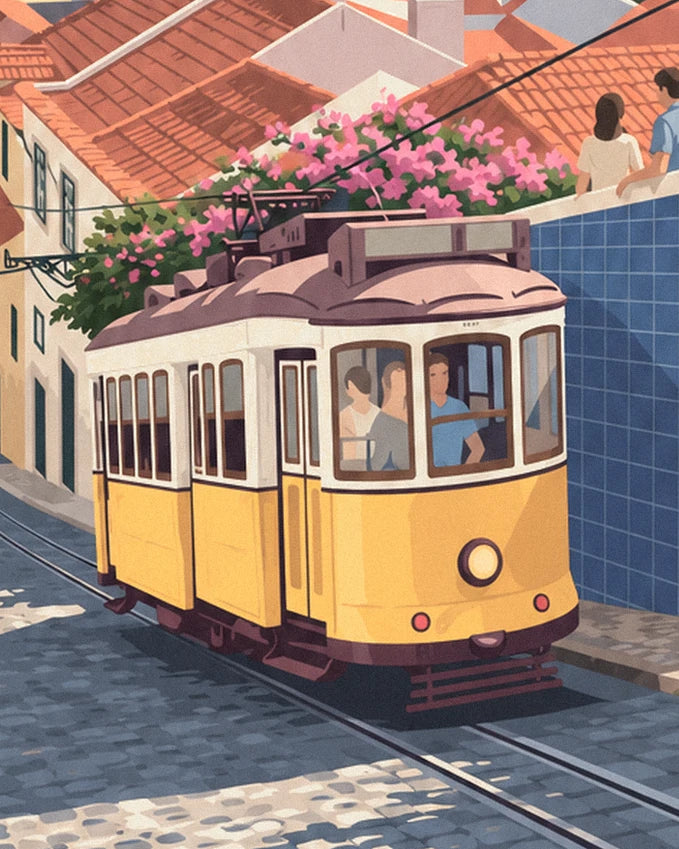 Il tram giallo che sale lungo la strada acciottolata, sotto le buganvillee rosa e il muro di azulejos blu