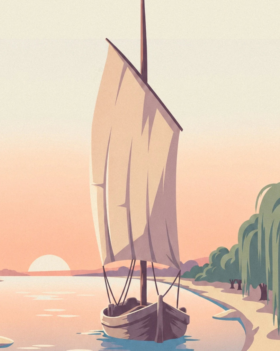 The square-sailed barge on the Loire, between the setting sun and green willows