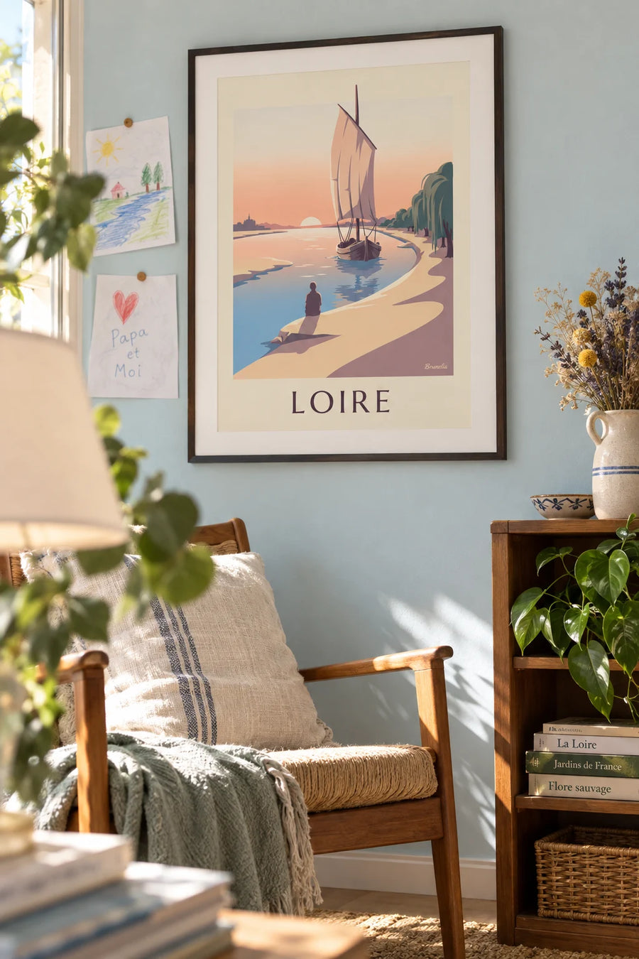 Poster of a square-sailed gabare on the Loire at sunset: framed on the wall