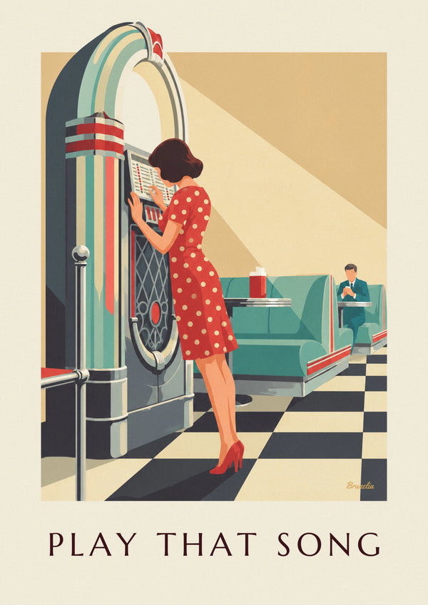 Woman in polka dot dress choosing a song at the jukebox poster