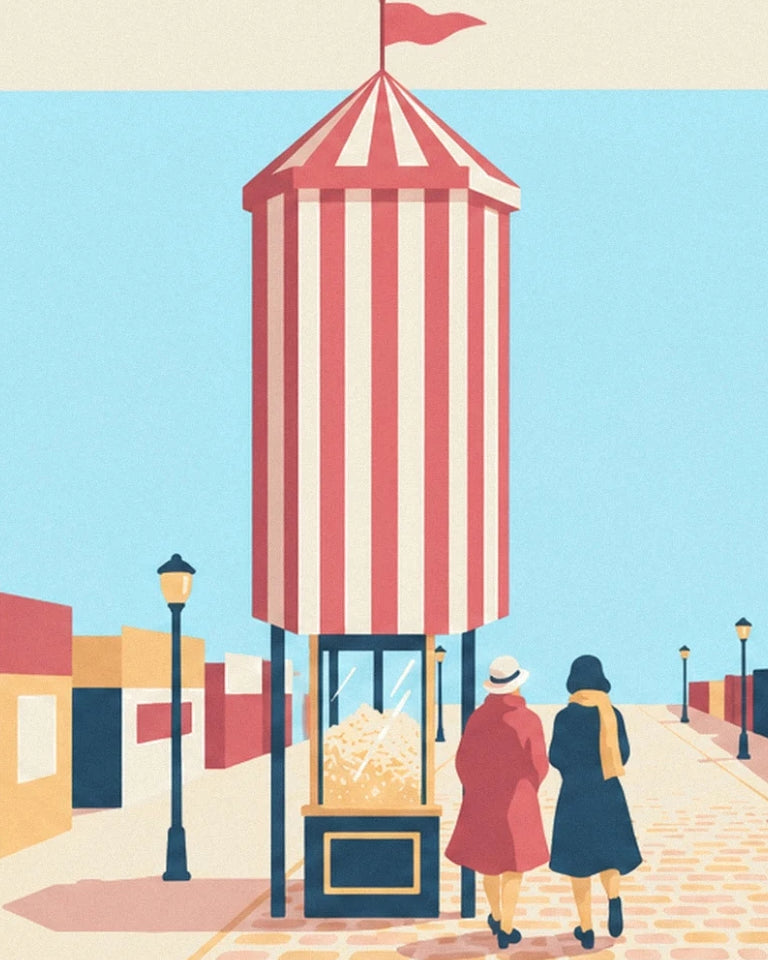 The red and white striped popcorn machine and 2 women strolling along the cobbled walkway