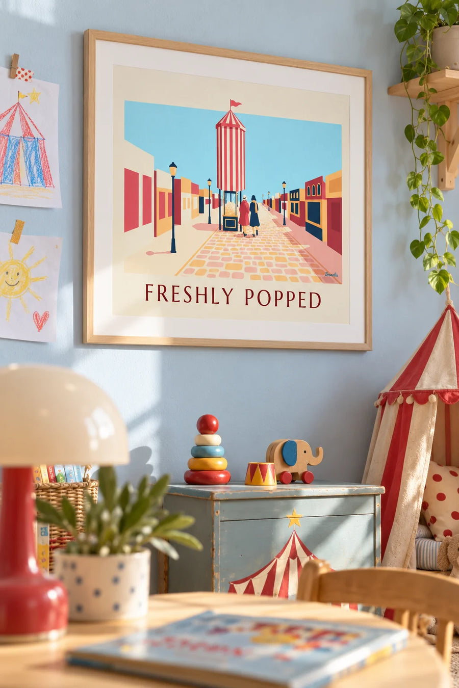 Red and white striped popcorn machine at the fairground poster: framed on the wall