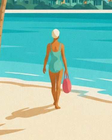 La bagnante di spalle con costume turchese e cuffia bianca, che tiene la sua borsa rosa