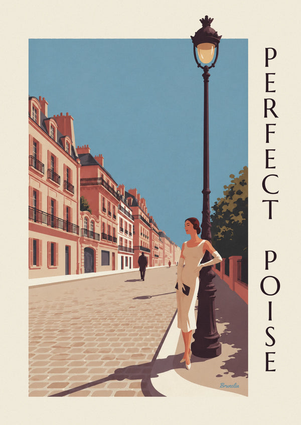 Poster donna in abito a tubino e guanti lunghi a Parigi