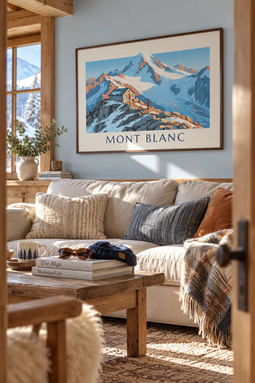 Affiche refuge de haute montagne face au mont Blanc : encadrée au mur
