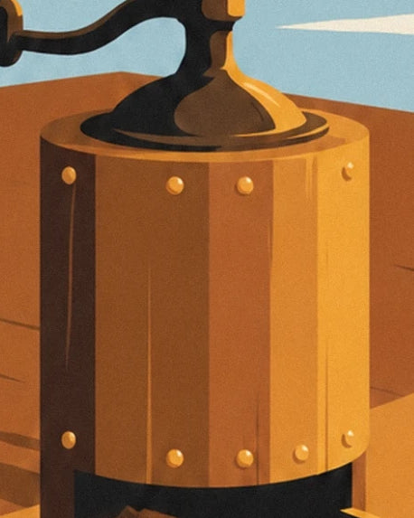 Le corps du moulin en bois doré, ses rivets ronds et sa manivelle noire