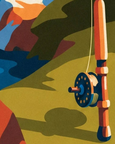 The blue reel and its pale line on an orange-toned fishing rod