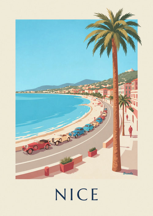 Affiche voitures anciennes sur la promenade des Anglais à Nice : l'affiche entière