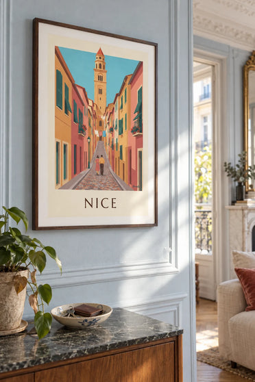 Poster of a colorful Old Nice alley and the Sainte-Réparate bell tower: framed on the wall