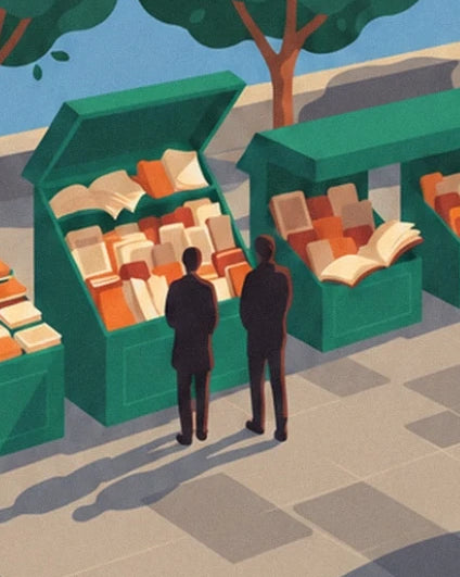 I 2 passanti davanti alle cassette verdi dei bouquinistes e ai loro libri aperti