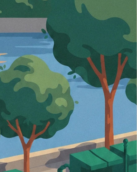 Gli alberi verdi e frondosi tra la Senna azzurra e le cassette dei bouquinistes
