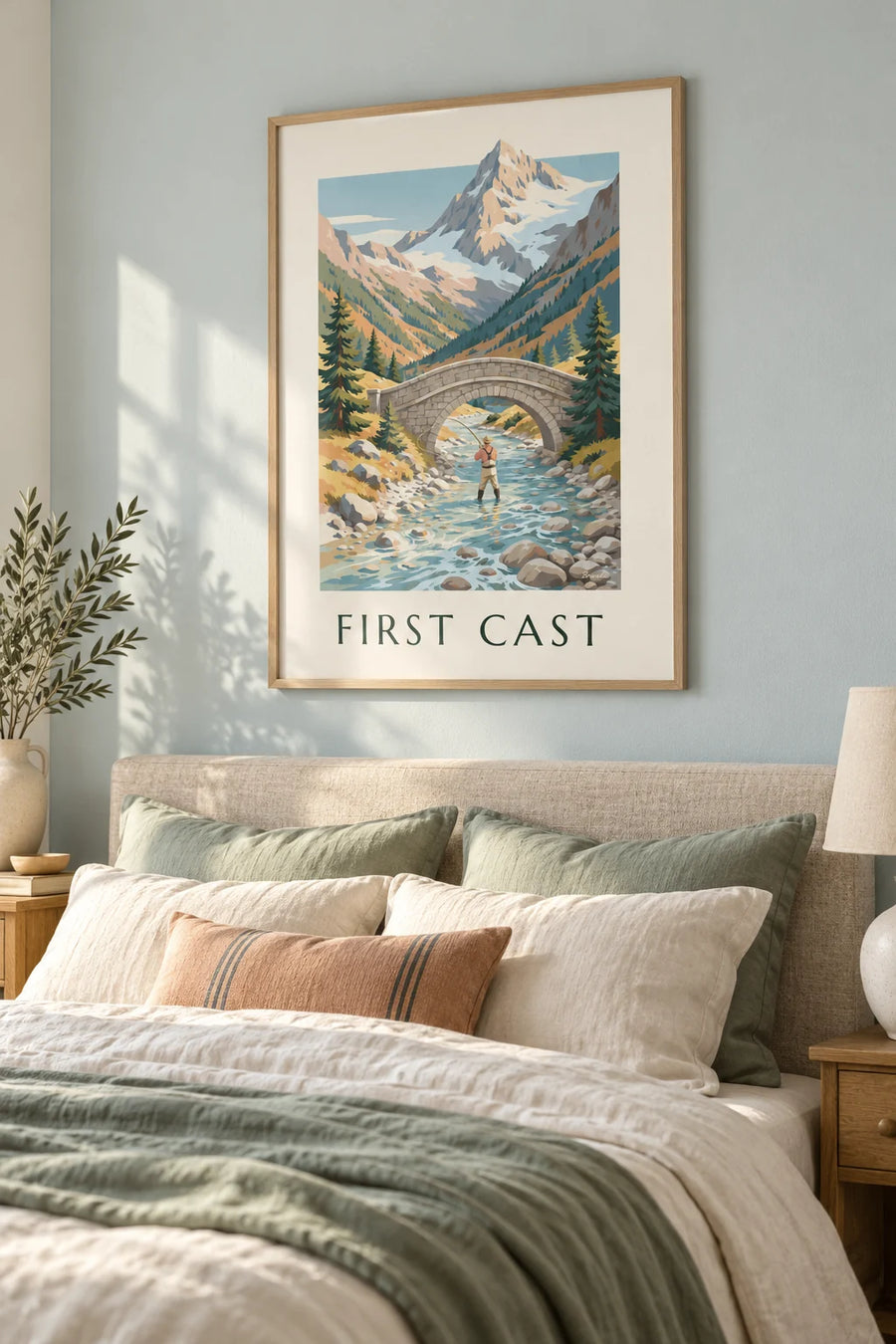 Poster con pescatore a mosca in un torrente di montagna: con cornice alla parete