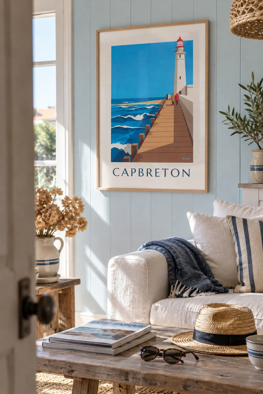 Affiche phare et longue jetée en bois de Capbreton : encadrée au mur