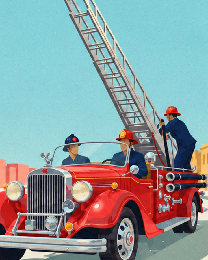 Le camion rouge et ses 3 pompiers en casque, l'échelle grise dressée vers le ciel