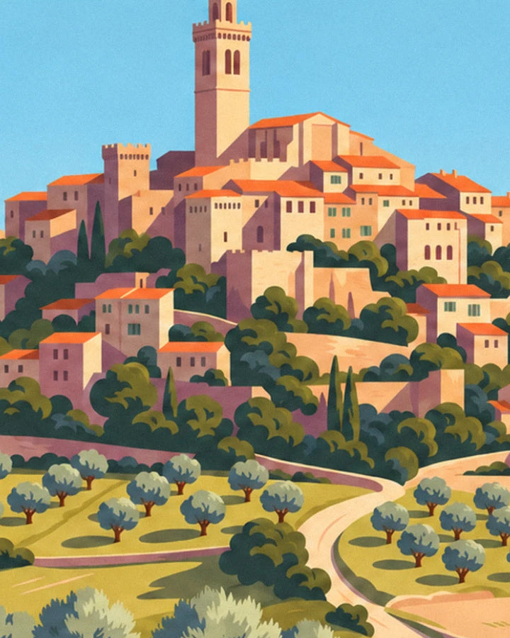Il campanile del villaggio e le case con i tetti arancioni sopra gli uliveti