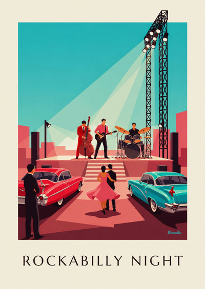 Affiche trio rockabilly en concert et voitures à ailerons : l'affiche entière