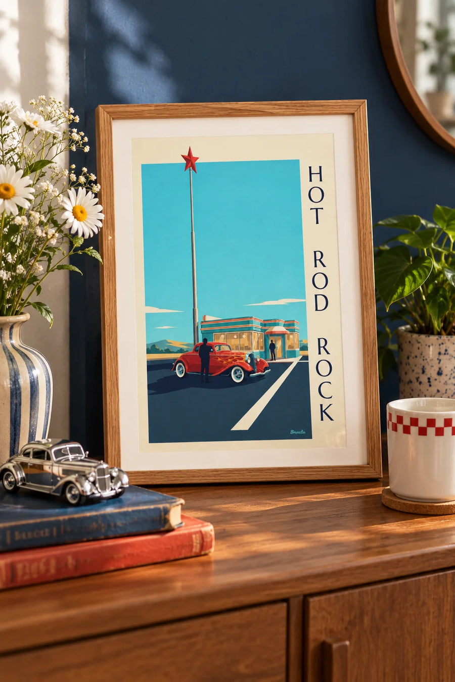 Hot rod car poster in front of a rock and roll diner: small A4 framed size