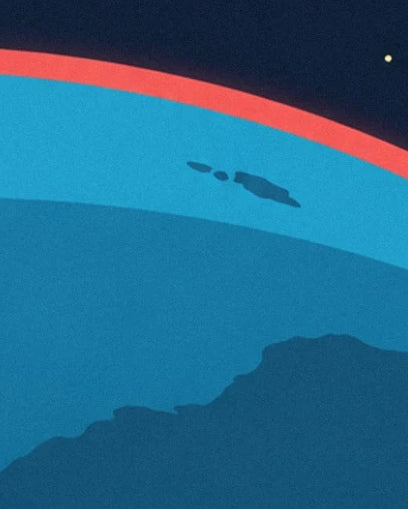 Isole scure e una costa frastagliata sulla Terra turchese sotto un alone rosso