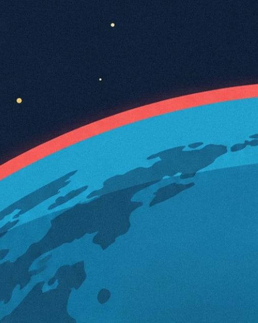 La curva blu della Terra bordata di rosso con continenti scuri