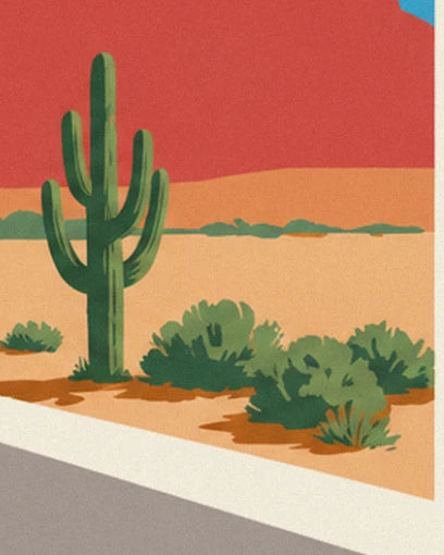 Un grand cactus saguaro et ses buissons verts sur le sable orangé, sous les falaises rouges