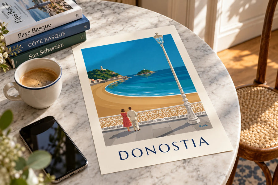 Poster della spiaggia della Concha a San Sebastián: appoggiato su un tavolo
