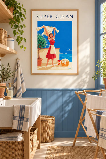 Poster di una donna e di una camicia bianca splendente, detersivo Super Clean: con cornice appeso al muro