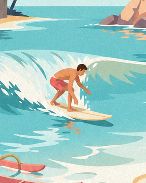 Le surfeur en short corail sur sa planche crème, au creux d’une vague turquoise