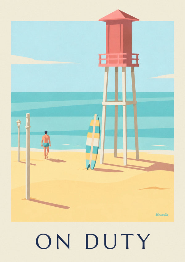 Affiche planche de surf et tour de sauveteur sur la plage