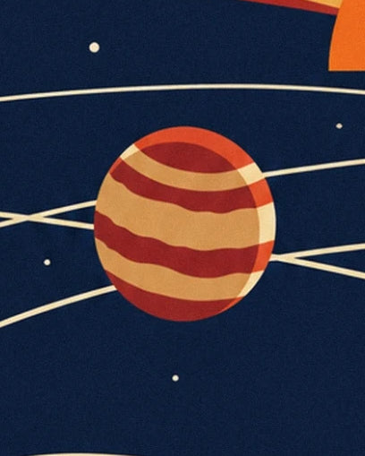 A planet with red and golden bands among cream orbital lines