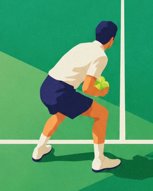 Il raccattapalle con polo bianca e pantaloncini blu navy, che tiene delle palline gialle