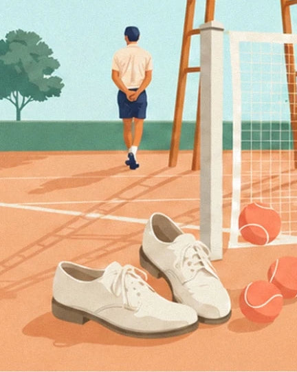 Le scarpe bianche e le palline arancioni sul campo in terra battuta, davanti a un giocatore visto di spalle