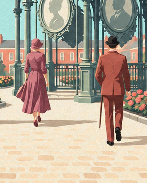 Una donna in abito malva e un uomo in completo rosso mattone davanti ai bagni pubblici di Londra