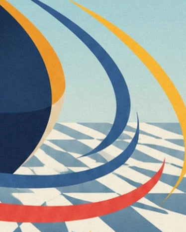 The midnight blue spinning top and its colourful curves above the blue and cream chequerboard