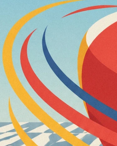 Yellow, red and blue curves around the red spinning top against a light blue background