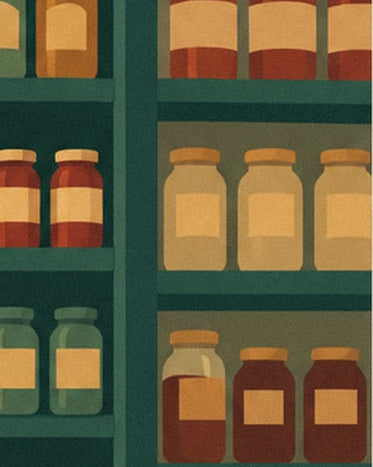 The jars with ochre labels and golden lids on the dark green shelves