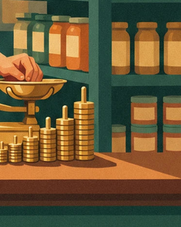 The brass weights lined up on the counter in front of the grocery jars