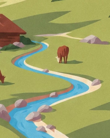 Le ruisseau bleu qui serpente entre les rochers et les pâturages des vaches