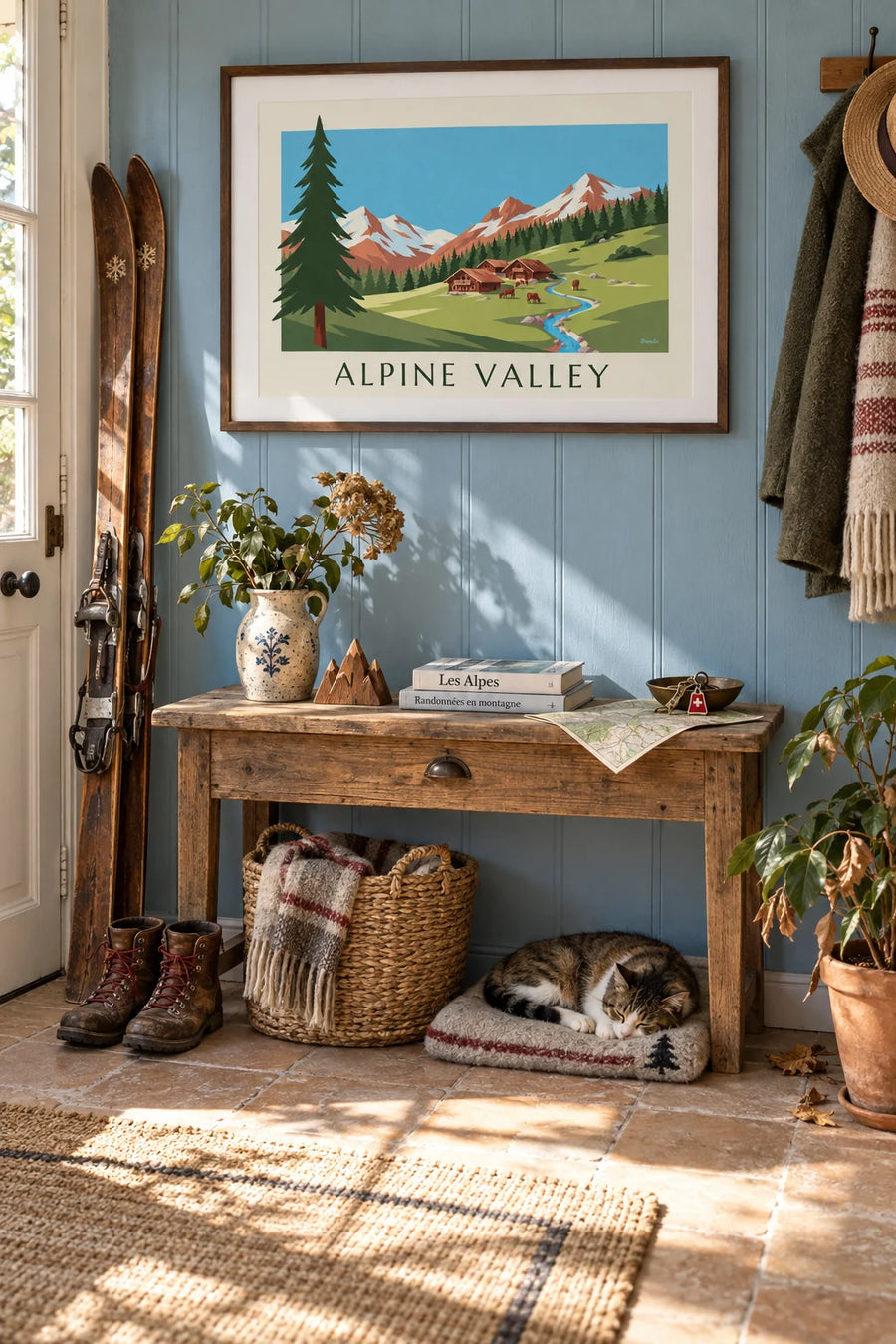 Affiche vallée des Alpes, chalets en bois et pâturages : encadrée au mur